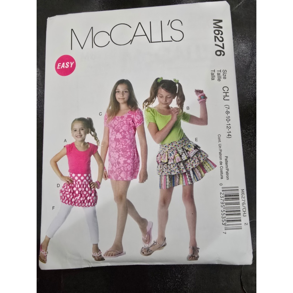 McCalls M6276 Girls Easy Sewing Pattern Tops Dress Skirts Leggings Size 7-14
